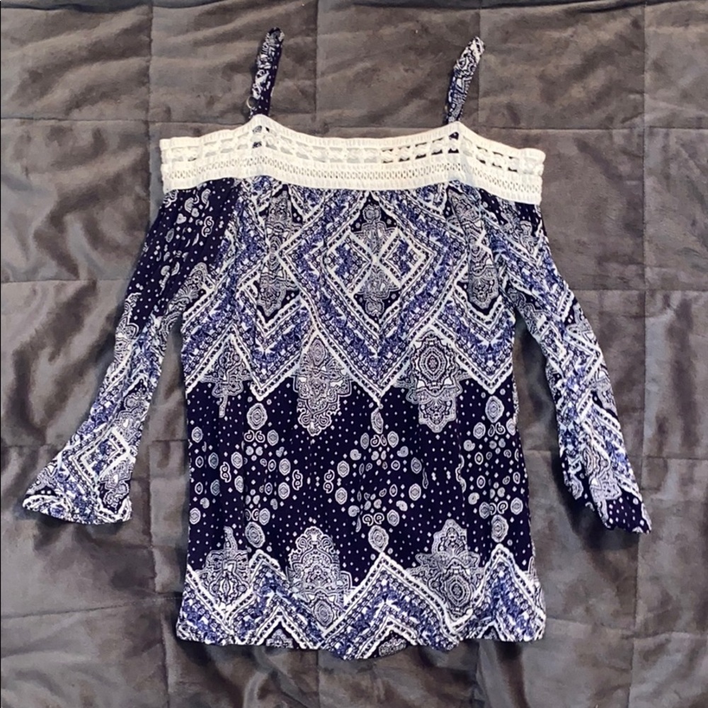 Navy and White Off-the-Shoulder Girls Top